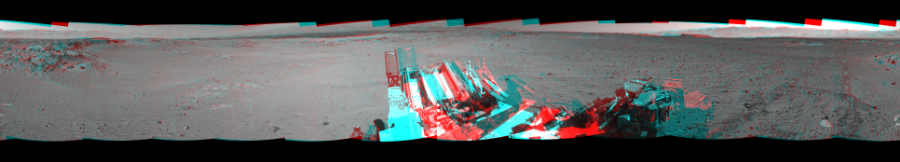 NASA's Mars rover Curiosity took 12 image pairs in Gale Crater using its mast-mounted Navigation Camera (Navcam) to create this mosaic. The seam-corrected mosaic provides a 360-degree cylindrical perspective projection panorama of the Martian surface suitable for stereo viewing, centered at 207 degrees azimuth (measured clockwise from north). This anaglyph must be viewed with red/blue glasses (red over left eye).  Curiosity took the images on March 13, 2014, Sol 568 of the Mars Science Laboratory mission at drive 1020, site number 29. The local mean solar time for the image exposures was 2 PM. Each Navcam image has a 45-degree field of view. CREDIT: NASA/JPL-Caltech