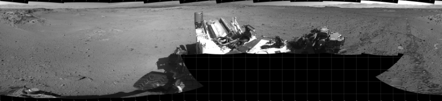 NASA's Mars rover Curiosity took 17 images in Gale Crater using its mast-mounted Left Navigation Camera (Navcam) to create this mosaic. The seam-corrected mosaic provides a 360-degree cylindrical projection panorama of the Martian surface centered at 180 degrees azimuth (measured clockwise from north). Curiosity took the images on March 13, 2014, Sol 568 of the Mars Science Laboratory mission at drive 1020, site number 29. The local mean solar time for the image exposures was 2 PM. Each Navcam image has a 45 degree field of view. CREDIT: NASA/JPL-Caltech