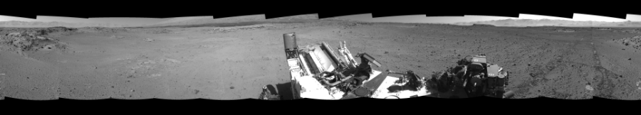 NASA's Mars rover Curiosity took 12 images in Gale Crater using its mast-mounted Left Navigation Camera (Navcam) to create this mosaic. The seam-corrected mosaic provides a 360-degree cylindrical-perspective projection panorama of the Martian surface suitable for stereo viewing, centered at 207 degrees azimuth (measured clockwise from north). This single-eye view must be combined with the partner right image to be viewed in stereo.  Curiosity took the images on March 13, 2014, Sol 568 of the Mars Science Laboratory mission at drive 1020, site number 29. The local mean solar time for the image exposures was 2 PM. Each Navcam image has a 45-degree field of view. CREDIT: NASA/JPL-Caltech
