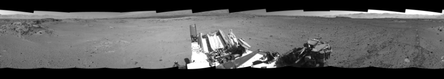 NASA's Mars rover Curiosity took 12 images in Gale Crater using its mast-mounted Right Navigation Camera (Navcam) to create this mosaic. The seam-corrected mosaic provides a 360-degree cylindrical-perspective projection panorama of the Martian surface suitable for stereo viewing, centered at 200 degrees azimuth (measured clockwise from north). This single-eye view must be combined with the partner left image to be viewed in stereo.  Curiosity took the images on March 13, 2014, Sol 568 of the Mars Science Laboratory mission at drive 1020, site number 29. The local mean solar time for the image exposures was 2 PM. Each Navcam image has a 45-degree field of view. CREDIT: NASA/JPL-Caltech