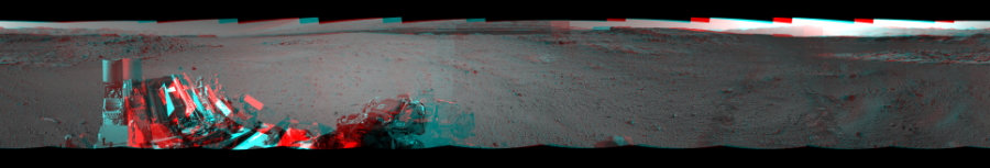 NASA's Mars rover Curiosity took 12 image pairs in Gale Crater using its mast-mounted Navigation Camera (Navcam) to create this mosaic. The seam-corrected mosaic provides a 360-degree cylindrical perspective projection panorama of the Martian surface suitable for stereo viewing, centered at 321 degrees azimuth (measured clockwise from north). This anaglyph must be viewed with red/blue glasses (red over left eye).  Curiosity took the images on March 14, 2014, Sol 569 of the Mars Science Laboratory mission at drive 0, site number 30. The local mean solar time for the image exposures was 2 PM. Each Navcam image has a 45-degree field of view. CREDIT: NASA/JPL-Caltech
