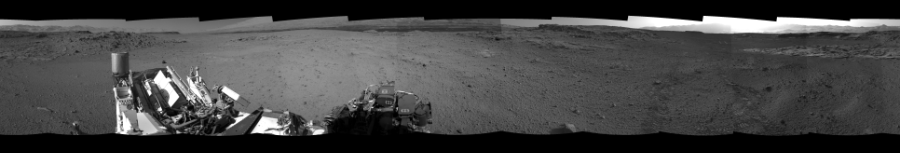 NASA's Mars rover Curiosity took 12 images in Gale Crater using its mast-mounted Left Navigation Camera (Navcam) to create this mosaic. The seam-corrected mosaic provides a 360-degree cylindrical-perspective projection panorama of the Martian surface suitable for stereo viewing, centered at 321 degrees azimuth (measured clockwise from north). This single-eye view must be combined with the partner right image to be viewed in stereo.  Curiosity took the images on March 14, 2014, Sol 569 of the Mars Science Laboratory mission at drive 0, site number 30. The local mean solar time for the image exposures was 2 PM. Each Navcam image has a 45-degree field of view. CREDIT: NASA/JPL-Caltech