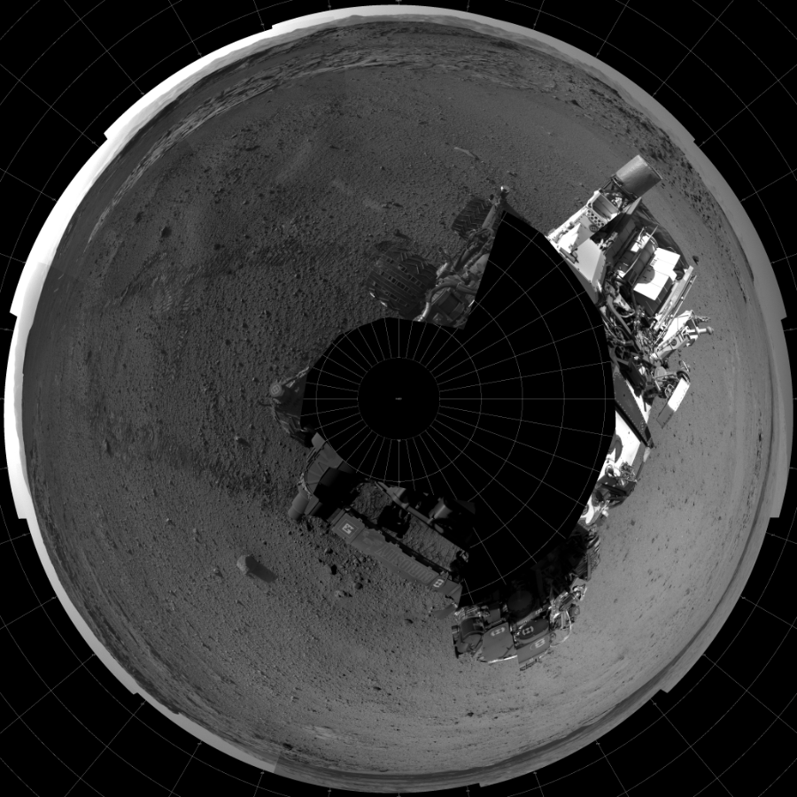 NASA's Mars rover Curiosity took 19 images in Gale Crater using its mast-mounted Left Navigation Camera (Navcam) to create this mosaic. The seam-corrected mosaic provides a polar stereographic projection panorama of the Martian surface with 0 degrees azimuth (measured clockwise from north) at the top of the image. Curiosity took the images on March 14, 2014, Sol 569 of the Mars Science Laboratory mission at drive 0, site number 30. The local mean solar time for the image exposures was from 2 PM to 4 PM. Each Navcam image has a 45-degree field of view. CREDIT: NASA/JPL-Caltech