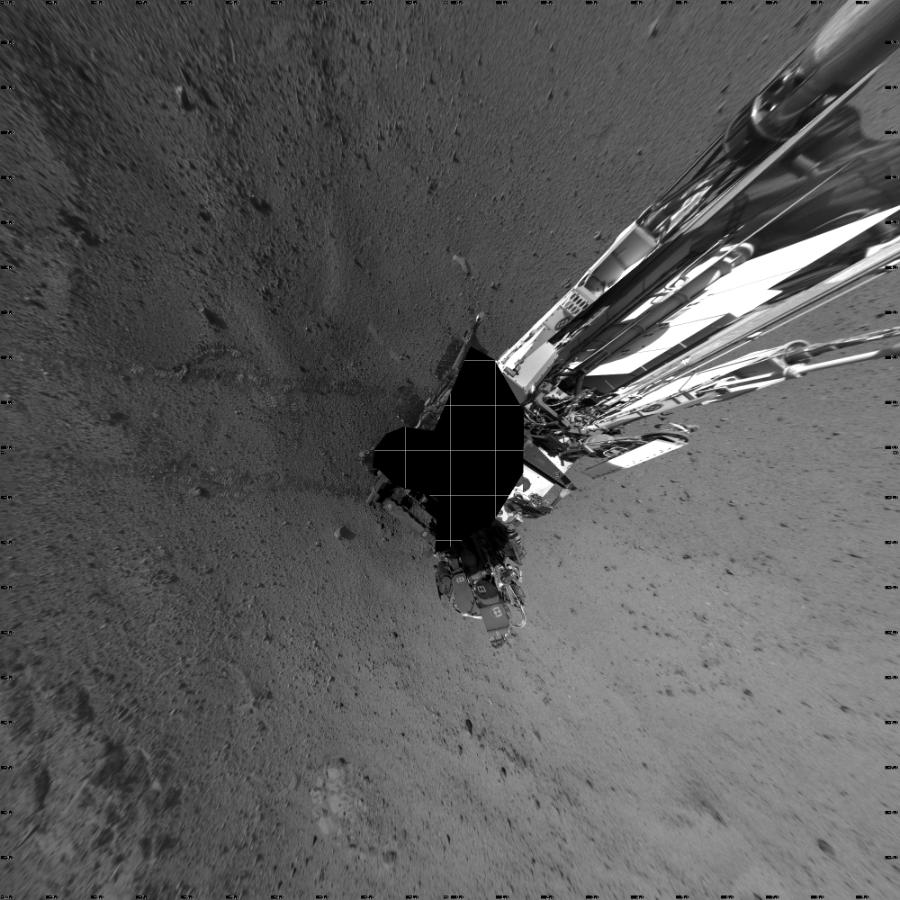 NASA's Mars rover Curiosity took 19 images in Gale Crater using its mast-mounted Left Navigation Camera (Navcam) to create this mosaic. The seam-corrected mosaic provides a vertical projection of the Martian surface near the rover, covering an area of 20 meters (north/south) by 20 meters (east/west). North is up in the image. This projection provides an overhead view, but introduces distortion for items not on the surface, such as large rocks and the rover itself.  Curiosity took the images on March 14, 2014, Sol 569 of the Mars Science Laboratory mission at drive 0, site number 30. The local mean solar time for the image exposures was from 2 PM to 4 PM. Each Navcam image has a 45-degree field of view. CREDIT: NASA/JPL-Caltech