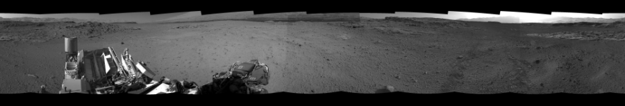 NASA's Mars rover Curiosity took 12 images in Gale Crater using its mast-mounted Right Navigation Camera (Navcam) to create this mosaic. The seam-corrected mosaic provides a 360-degree cylindrical-perspective projection panorama of the Martian surface suitable for stereo viewing, centered at 314 degrees azimuth (measured clockwise from north). This single-eye view must be combined with the partner left image to be viewed in stereo.  Curiosity took the images on March 14, 2014, Sol 569 of the Mars Science Laboratory mission at drive 0, site number 30. The local mean solar time for the image exposures was 2 PM. Each Navcam image has a 45-degree field of view. CREDIT: NASA/JPL-Caltech