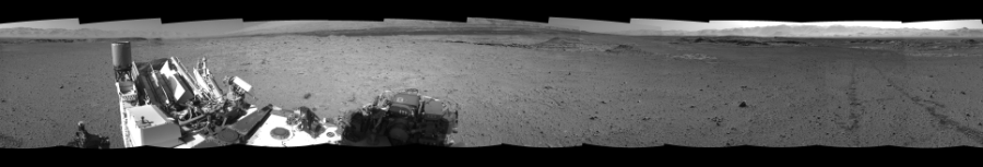 NASA's Mars rover Curiosity took 12 images in Gale Crater using its mast-mounted Left Navigation Camera (Navcam) to create this mosaic. The seam-corrected mosaic provides a 360-degree cylindrical-perspective projection panorama of the Martian surface suitable for stereo viewing, centered at 325 degrees azimuth (measured clockwise from north). This single-eye view must be combined with the partner right image to be viewed in stereo. Curiosity took the images on March 17, 2014, Sol 572 of the Mars Science Laboratory mission at drive 484, site number 30. The local mean solar time for the image exposures was 3 PM. Each Navcam image has a 45-degree field of view. CREDIT: NASA/JPL-Caltech