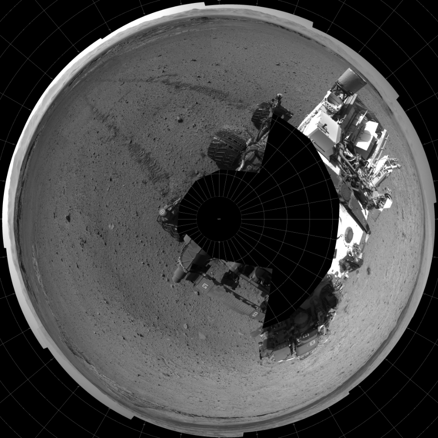 NASA's Mars rover Curiosity took 19 images in Gale Crater using its mast-mounted Left Navigation Camera (Navcam) to create this mosaic. The seam-corrected mosaic provides a polar stereographic projection panorama of the Martian surface with 0 degrees azimuth (measured clockwise from north) at the top of the image. Curiosity took the images on March 17, 2014, Sol 572 of the Mars Science Laboratory mission at drive 484, site number 30. The local mean solar time for the image exposures was 3 PM. Each Navcam image has a 45-degree field of view. CREDIT: NASA/JPL-Caltech