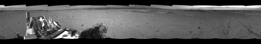 NASA's Mars rover Curiosity took 12 images in Gale Crater using its mast-mounted Right Navigation Camera (Navcam) to create this mosaic. The seam-corrected mosaic provides a 360-degree cylindrical-perspective projection panorama of the Martian surface suitable for stereo viewing, centered at 318 degrees azimuth (measured clockwise from north). This single-eye view must be combined with the partner left image to be viewed in stereo.  Curiosity took the images on March 17, 2014, Sol 572 of the Mars Science Laboratory mission at drive 484, site number 30. The local mean solar time for the image exposures was 3 PM. Each Navcam image has a 45-degree field of view. CREDIT: NASA/JPL-Caltech