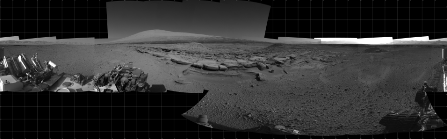 NASA's Mars rover Curiosity took 21 images in Gale Crater using its mast-mounted Left Navigation Camera (Navcam) to create this mosaic. The seam-corrected mosaic provides a 360-degree cylindrical projection panorama of the Martian surface centered at 180 degrees azimuth (measured clockwise from north). Curiosity took the images on March 19, 2014, Sols 574-576 of the Mars Science Laboratory mission at drive 740, site number 30. The local mean solar time for the image exposures was from 1 PM to 3 PM. Each Navcam image has a 45 degree field of view. CREDIT: NASA/JPL-Caltech