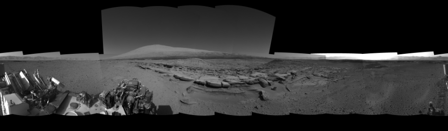 NASA's Mars rover Curiosity took 16 images in Gale Crater using its mast-mounted Left Navigation Camera (Navcam) to create this mosaic. The seam-corrected mosaic provides a 360-degree cylindrical-perspective projection panorama of the Martian surface suitable for stereo viewing, centered at 9 degrees azimuth (measured clockwise from north). This single-eye view must be combined with the partner right image to be viewed in stereo.  Curiosity took the images on March 19, 2014, Sols 574-576 of the Mars Science Laboratory mission at drive 740, site number 30. The local mean solar time for the image exposures was from 1 PM to 3 PM. Each Navcam image has a 45-degree field of view. CREDIT: NASA/JPL-Caltech