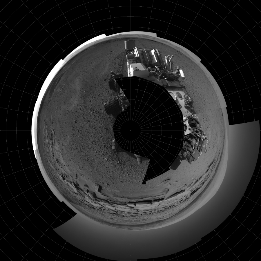 NASA's Mars rover Curiosity took 21 images in Gale Crater using its mast-mounted Left Navigation Camera (Navcam) to create this mosaic. The seam-corrected mosaic provides a polar stereographic projection panorama of the Martian surface with 0 degrees azimuth (measured clockwise from north) at the top of the image. Curiosity took the images on March 19, 2014, Sols 574-576 of the Mars Science Laboratory mission at drive 740, site number 30. The local mean solar time for the image exposures was from 1 PM to 3 PM. Each Navcam image has a 45-degree field of view. CREDIT: NASA/JPL-Caltech