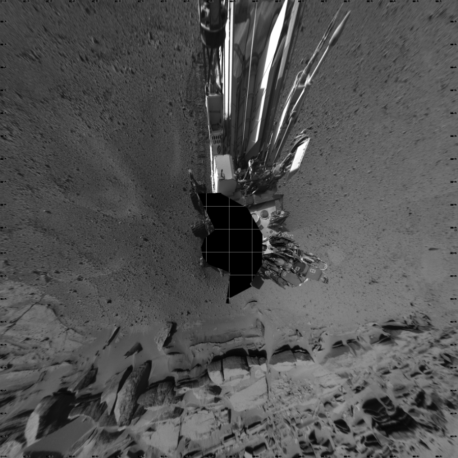 NASA's Mars rover Curiosity took 21 images in Gale Crater using its mast-mounted Left Navigation Camera (Navcam) to create this mosaic. The seam-corrected mosaic provides a vertical projection of the Martian surface near the rover, covering an area of 20 meters (north/south) by 20 meters (east/west). North is up in the image. This projection provides an overhead view, but introduces distortion for items not on the surface, such as large rocks and the rover itself.  Curiosity took the images on March 19, 2014, Sols 574-576 of the Mars Science Laboratory mission at drive 740, site number 30. The local mean solar time for the image exposures was from 1 PM to 3 PM. Each Navcam image has a 45-degree field of view. CREDIT: NASA/JPL-Caltech