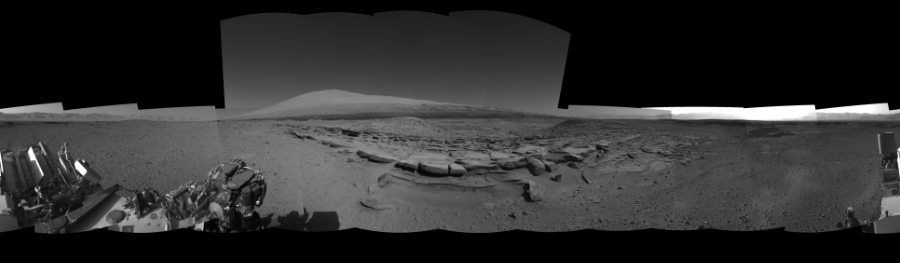 NASA's Mars rover Curiosity took 16 images in Gale Crater using its mast-mounted Right Navigation Camera (Navcam) to create this mosaic. The seam-corrected mosaic provides a 360-degree cylindrical-perspective projection panorama of the Martian surface suitable for stereo viewing, centered at 2 degrees azimuth (measured clockwise from north). This single-eye view must be combined with the partner left image to be viewed in stereo. Curiosity took the images on March 19, 2014, Sols 574-576 of the Mars Science Laboratory mission at drive 740, site number 30. The local mean solar time for the image exposures was from 1 PM to 3 PM. Each Navcam image has a 45-degree field of view. CREDIT: NASA/JPL-Caltech