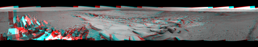 NASA's Mars rover Curiosity took 12 image pairs in Gale Crater using its mast-mounted Navigation Camera (Navcam) to create this mosaic. The seam-corrected mosaic provides a 360-degree cylindrical perspective projection panorama of the Martian surface suitable for stereo viewing, centered at 349 degrees azimuth (measured clockwise from north). This anaglyph must be viewed with red/blue glasses (red over left eye).  Curiosity took the images on March 26, 2014, Sol 581 of the Mars Science Laboratory mission at drive 786, site number 30. The local mean solar time for the image exposures was 2 PM. Each Navcam image has a 45-degree field of view. CREDIT: NASA/JPL-Caltech