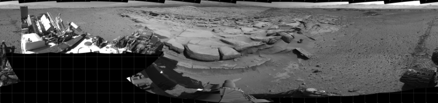 NASA's Mars rover Curiosity took 19 images in Gale Crater using its mast-mounted Left Navigation Camera (Navcam) to create this mosaic. The seam-corrected mosaic provides a 360-degree cylindrical projection panorama of the Martian surface centered at 180 degrees azimuth (measured clockwise from north). Curiosity took the images on March 26, 2014, Sol 581 of the Mars Science Laboratory mission at drive 786, site number 30. The local mean solar time for the image exposures was 2 PM. Each Navcam image has a 45 degree field of view. CREDIT: NASA/JPL-Caltech