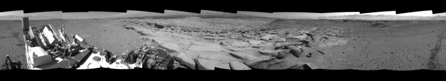 NASA's Mars rover Curiosity took 12 images in Gale Crater using its mast-mounted Left Navigation Camera (Navcam) to create this mosaic. The seam-corrected mosaic provides a 360-degree cylindrical-perspective projection panorama of the Martian surface suitable for stereo viewing, centered at 349 degrees azimuth (measured clockwise from north). This single-eye view must be combined with the partner right image to be viewed in stereo.  Curiosity took the images on March 26, 2014, Sol 581 of the Mars Science Laboratory mission at drive 786, site number 30. The local mean solar time for the image exposures was 2 PM. Each Navcam image has a 45-degree field of view. CREDIT: NASA/JPL-Caltech