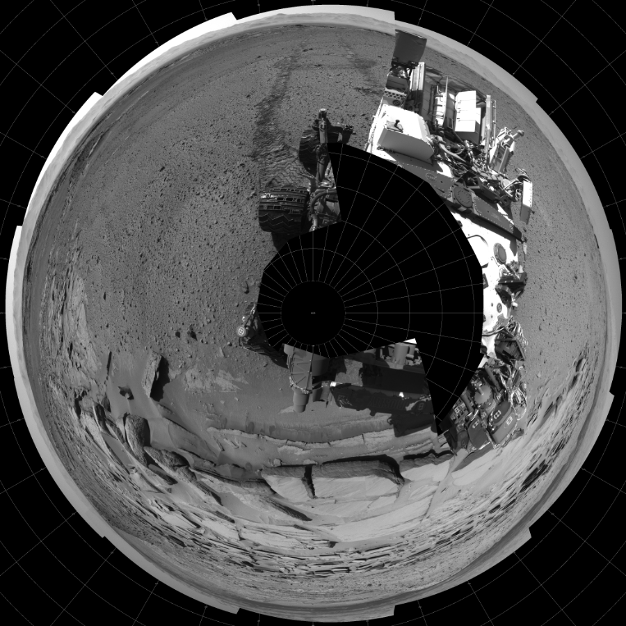 NASA's Mars rover Curiosity took 19 images in Gale Crater using its mast-mounted Left Navigation Camera (Navcam) to create this mosaic. The seam-corrected mosaic provides a polar stereographic projection panorama of the Martian surface with 0 degrees azimuth (measured clockwise from north) at the top of the image. Curiosity took the images on March 26, 2014, Sol 581 of the Mars Science Laboratory mission at drive 786, site number 30. The local mean solar time for the image exposures was 2 PM. Each Navcam image has a 45-degree field of view. CREDIT: NASA/JPL-Caltech