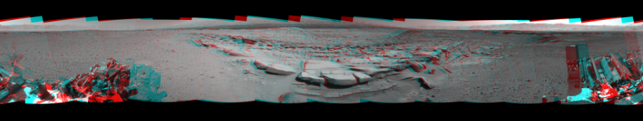 NASA's Mars rover Curiosity took 12 image pairs in Gale Crater using its mast-mounted Navigation Camera (Navcam) to create this mosaic. The seam-corrected mosaic provides a 360-degree cylindrical perspective projection panorama of the Martian surface suitable for stereo viewing, centered at 44 degrees azimuth (measured clockwise from north). This anaglyph must be viewed with red/blue glasses (red over left eye).  Curiosity took the images on March 31, 2014, Sol 586 of the Mars Science Laboratory mission at drive 820, site number 30. The local mean solar time for the image exposures was 2 PM. Each Navcam image has a 45-degree field of view. CREDIT: NASA/JPL-Caltech
