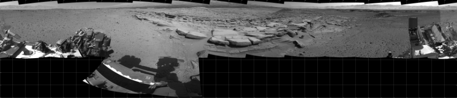 NASA's Mars rover Curiosity took 14 images in Gale Crater using its mast-mounted Left Navigation Camera (Navcam) to create this mosaic. The seam-corrected mosaic provides a 360-degree cylindrical projection panorama of the Martian surface centered at 180 degrees azimuth (measured clockwise from north). Curiosity took the images on March 31, 2014, Sol 586 of the Mars Science Laboratory mission at drive 820, site number 30. The local mean solar time for the image exposures was 2 PM. Each Navcam image has a 45 degree field of view. CREDIT: NASA/JPL-Caltech
