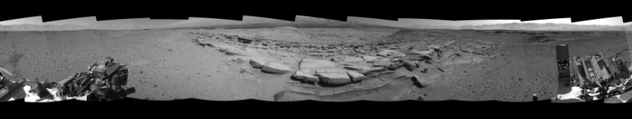 NASA's Mars rover Curiosity took 12 images in Gale Crater using its mast-mounted Right Navigation Camera (Navcam) to create this mosaic. The seam-corrected mosaic provides a 0-degree cylindrical-perspective projection panorama of the Martian surface suitable for stereo viewing, centered at 217 degrees azimuth (measured clockwise from north). This single-eye view must be combined with the partner left image to be viewed in stereo.  Curiosity took the images on March 31, 2014, Sol 586 of the Mars Science Laboratory mission at drive 820, site number 30. The local mean solar time for the image exposures was 2 PM. Each Navcam image has a 45-degree field of view. CREDIT: NASA/JPL-Caltech