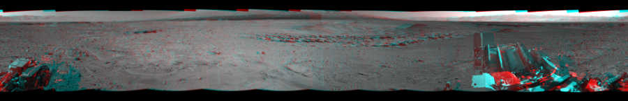 NASA's Mars rover Curiosity took 12 image pairs in Gale Crater using its mast-mounted Navigation Camera (Navcam) to create this mosaic. The seam-corrected mosaic provides a 360-degree cylindrical perspective projection panorama of the Martian surface suitable for stereo viewing, centered at 89 degrees azimuth (measured clockwise from north). This anaglyph must be viewed with red/blue glasses (red over left eye).  Curiosity took the images on April 01, 2014, Sol 587 of the Mars Science Laboratory mission at drive 938, site number 30. The local mean solar time for the image exposures was 2 PM. Each Navcam image has a 45-degree field of view. CREDIT: NASA/JPL-Caltech