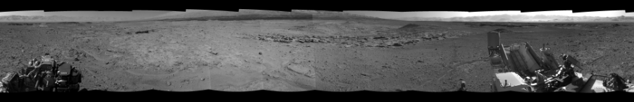 NASA's Mars rover Curiosity took 12 images in Gale Crater using its mast-mounted Left Navigation Camera (Navcam) to create this mosaic. The seam-corrected mosaic provides a 360-degree cylindrical-perspective projection panorama of the Martian surface suitable for stereo viewing, centered at 89 degrees azimuth (measured clockwise from north). This single-eye view must be combined with the partner right image to be viewed in stereo. Curiosity took the images on April 01, 2014, Sol 587 of the Mars Science Laboratory mission at drive 938, site number 30. The local mean solar time for the image exposures was 2 PM. Each Navcam image has a 45-degree field of view. CREDIT: NASA/JPL-Caltech
