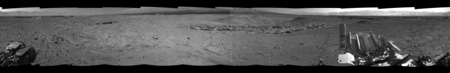 NASA's Mars rover Curiosity took 12 images in Gale Crater using its mast-mounted Right Navigation Camera (Navcam) to create this mosaic. The seam-corrected mosaic provides a 0-degree cylindrical-perspective projection panorama of the Martian surface suitable for stereo viewing, centered at 262 degrees azimuth (measured clockwise from north). This single-eye view must be combined with the partner left image to be viewed in stereo.  Curiosity took the images on April 01, 2014, Sol 587 of the Mars Science Laboratory mission at drive 938, site number 30. The local mean solar time for the image exposures was 2 PM. Each Navcam image has a 45-degree field of view. CREDIT: NASA/JPL-Caltech