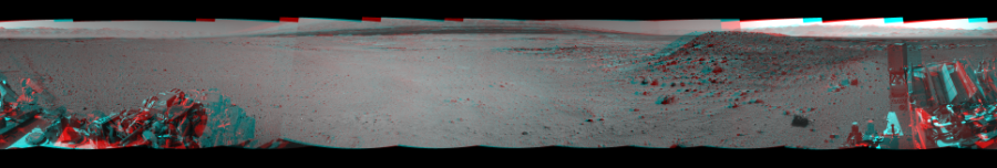 NASA's Mars rover Curiosity took 12 image pairs in Gale Crater using its mast-mounted Navigation Camera (Navcam) to create this mosaic. The seam-corrected mosaic provides a 360-degree cylindrical perspective projection panorama of the Martian surface suitable for stereo viewing, centered at 40 degrees azimuth (measured clockwise from north). This anaglyph must be viewed with red/blue glasses (red over left eye).  Curiosity took the images on April 02, 2014, Sol 588 of the Mars Science Laboratory mission at drive 1254, site number 30. The local mean solar time for the image exposures was from 1 PM to 3 PM. Each Navcam image has a 45-degree field of view. CREDIT: NASA/JPL-Caltech