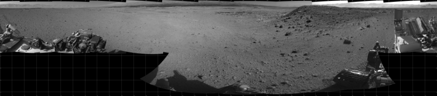 NASA's Mars rover Curiosity took 17 images in Gale Crater using its mast-mounted Left Navigation Camera (Navcam) to create this mosaic. The seam-corrected mosaic provides a 360-degree cylindrical projection panorama of the Martian surface centered at 180 degrees azimuth (measured clockwise from north). Curiosity took the images on April 02, 2014, Sol 588 of the Mars Science Laboratory mission at drive 1254, site number 30. The local mean solar time for the image exposures was from 1 PM to 3 PM. Each Navcam image has a 45 degree field of view. CREDIT: NASA/JPL-Caltech