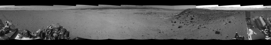 NASA's Mars rover Curiosity took 12 images in Gale Crater using its mast-mounted Left Navigation Camera (Navcam) to create this mosaic. The seam-corrected mosaic provides a 360-degree cylindrical-perspective projection panorama of the Martian surface suitable for stereo viewing, centered at 40 degrees azimuth (measured clockwise from north). This single-eye view must be combined with the partner right image to be viewed in stereo.  Curiosity took the images on April 02, 2014, Sol 588 of the Mars Science Laboratory mission at drive 1254, site number 30. The local mean solar time for the image exposures was from 1 PM to 3 PM. Each Navcam image has a 45-degree field of view. CREDIT: NASA/JPL-Caltech