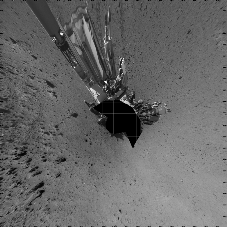 NASA's Mars rover Curiosity took 17 images in Gale Crater using its mast-mounted Left Navigation Camera (Navcam) to create this mosaic. The seam-corrected mosaic provides a vertical projection of the Martian surface near the rover, covering an area of 20 meters (north/south) by 20 meters (east/west). North is up in the image. This projection provides an overhead view, but introduces distortion for items not on the surface, such as large rocks and the rover itself.  Curiosity took the images on April 02, 2014, Sol 588 of the Mars Science Laboratory mission at drive 1254, site number 30. The local mean solar time for the image exposures was from 1 PM to 3 PM. Each Navcam image has a 45-degree field of view. CREDIT: NASA/JPL-Caltech