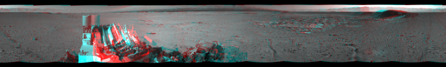 NASA's Mars rover Curiosity took 12 image pairs in Gale Crater using its mast-mounted Navigation Camera (Navcam) to create this mosaic. The seam-corrected mosaic provides a 360-degree cylindrical perspective projection panorama of the Martian surface suitable for stereo viewing, centered at 292 degrees azimuth (measured clockwise from north). This anaglyph must be viewed with red/blue glasses (red over left eye). Curiosity took the images on April 03, 2014, Sol 589 of the Mars Science Laboratory mission at drive 0, site number 31. The local mean solar time for the image exposures was 2 PM. Each Navcam image has a 45-degree field of view. CREDIT: NASA/JPL-Caltech