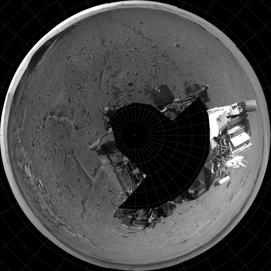 NASA's Mars rover Curiosity took 19 images in Gale Crater using its mast-mounted Left Navigation Camera (Navcam) to create this mosaic. The seam-corrected mosaic provides a polar stereographic projection panorama of the Martian surface with 0 degrees azimuth (measured clockwise from north) at the top of the image. Curiosity took the images on April 03, 2014, Sol 589 of the Mars Science Laboratory mission at drive 0, site number 31. The local mean solar time for the image exposures was from 2 PM to 3 PM. Each Navcam image has a 45-degree field of view. CREDIT: NASA/JPL-Caltech