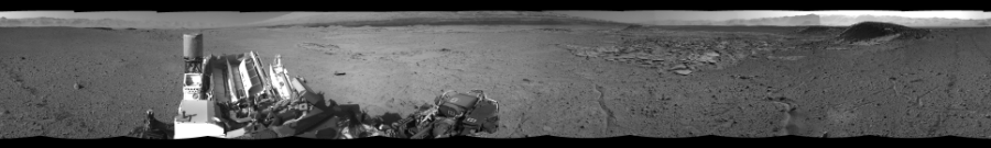 NASA's Mars rover Curiosity took 12 images in Gale Crater using its mast-mounted Right Navigation Camera (Navcam) to create this mosaic. The seam-corrected mosaic provides a 0-degree cylindrical-perspective projection panorama of the Martian surface suitable for stereo viewing, centered at 105 degrees azimuth (measured clockwise from north). This single-eye view must be combined with the partner left image to be viewed in stereo.  Curiosity took the images on April 03, 2014, Sol 589 of the Mars Science Laboratory mission at drive 0, site number 31. The local mean solar time for the image exposures was 2 PM. Each Navcam image has a 45-degree field of view. CREDIT: NASA/JPL-Caltech