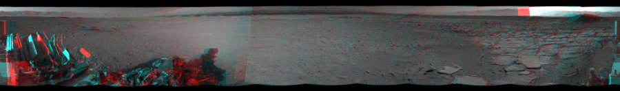 NASA's Mars rover Curiosity took 12 image pairs in Gale Crater using its mast-mounted Navigation Camera (Navcam) to create this mosaic. The seam-corrected mosaic provides a 360-degree cylindrical perspective projection panorama of the Martian surface suitable for stereo viewing, centered at 2 degrees azimuth (measured clockwise from north). This anaglyph must be viewed with red/blue glasses (red over left eye). Curiosity took the images on April 07, 2014, Sol 593 of the Mars Science Laboratory mission at drive 216, site number 31. The local mean solar time for the image exposures was from 2 PM to 4 PM. Each Navcam image has a 45-degree field of view. CREDIT: NASA/JPL-Caltech