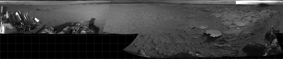 NASA's Mars rover Curiosity took 17 images in Gale Crater using its mast-mounted Left Navigation Camera (Navcam) to create this mosaic. The seam-corrected mosaic provides a 360-degree cylindrical projection panorama of the Martian surface centered at 180 degrees azimuth (measured clockwise from north). Curiosity took the images on April 07, 2014, Sol 593 of the Mars Science Laboratory mission at drive 216, site number 31. The local mean solar time for the image exposures was from 2 PM to 4 PM. Each Navcam image has a 45 degree field of view. CREDIT: NASA/JPL-Caltech