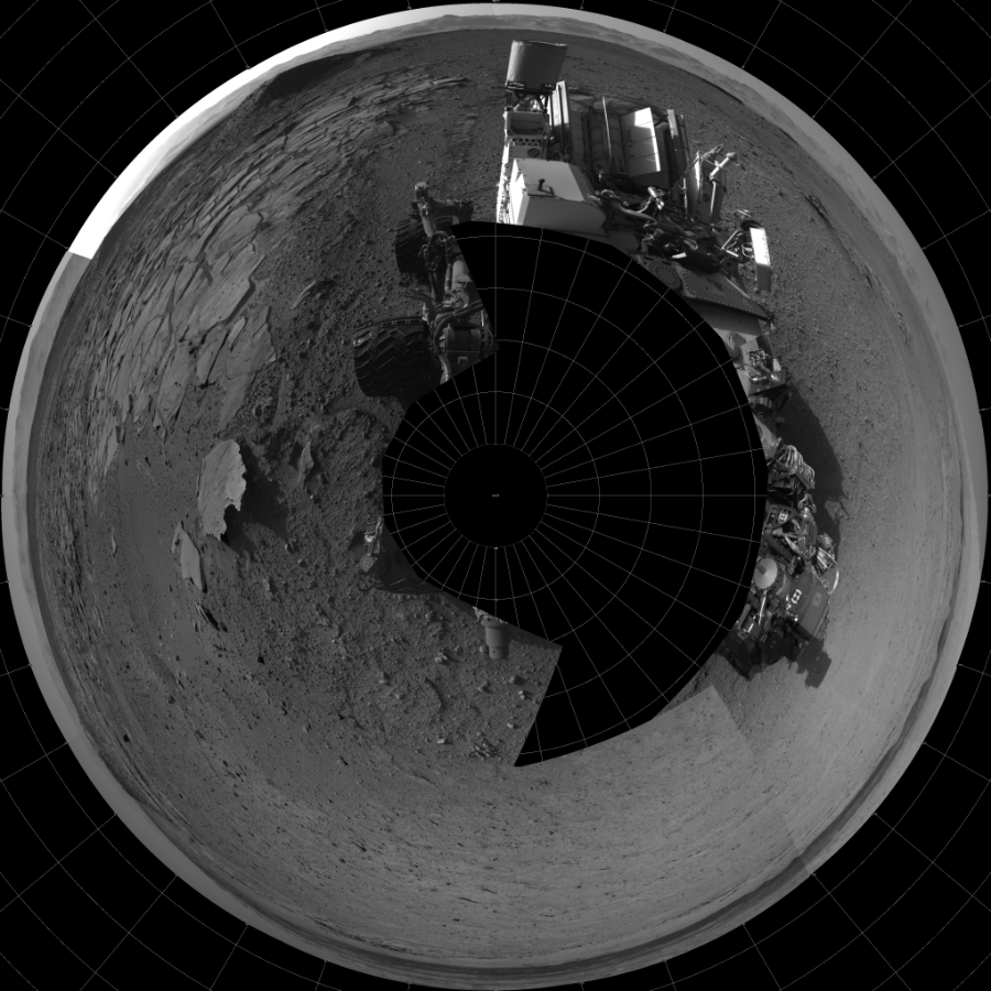 NASA's Mars rover Curiosity took 17 images in Gale Crater using its mast-mounted Left Navigation Camera (Navcam) to create this mosaic. The seam-corrected mosaic provides a polar stereographic projection panorama of the Martian surface with 0 degrees azimuth (measured clockwise from north) at the top of the image. Curiosity took the images on April 07, 2014, Sol 593 of the Mars Science Laboratory mission at drive 216, site number 31. The local mean solar time for the image exposures was from 2 PM to 4 PM. Each Navcam image has a 45-degree field of view. CREDIT: NASA/JPL-Caltech