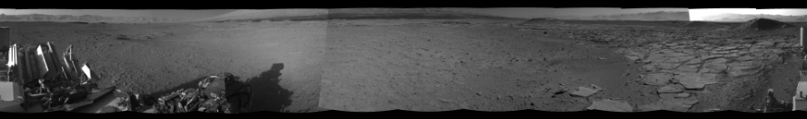 NASA's Mars rover Curiosity took 12 images in Gale Crater using its mast-mounted Right Navigation Camera (Navcam) to create this mosaic. The seam-corrected mosaic provides a 0-degree cylindrical-perspective projection panorama of the Martian surface suitable for stereo viewing, centered at 175 degrees azimuth (measured clockwise from north). This single-eye view must be combined with the partner left image to be viewed in stereo. Curiosity took the images on April 07, 2014, Sol 593 of the Mars Science Laboratory mission at drive 216, site number 31. The local mean solar time for the image exposures was from 2 PM to 4 PM. Each Navcam image has a 45-degree field of view. CREDIT: NASA/JPL-Caltech