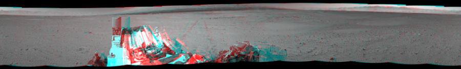 NASA's Mars rover Curiosity took 12 image pairs in Gale Crater using its mast-mounted Navigation Camera (Navcam) to create this mosaic. The seam-corrected mosaic provides a 360-degree cylindrical perspective projection panorama of the Martian surface suitable for stereo viewing, centered at 271 degrees azimuth (measured clockwise from north). This anaglyph must be viewed with red/blue glasses (red over left eye).  Curiosity took the images on May 27, 2014, Sol 641 of the Mars Science Laboratory mission at drive 308, site number 33. The local mean solar time for the image exposures was from 1 PM to 2 PM. Each Navcam image has a 45-degree field of view. CREDIT: NASA/JPL-Caltech