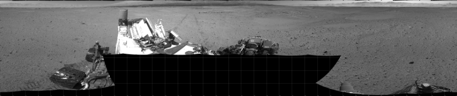 NASA's Mars rover Curiosity took 17 images in Gale Crater using its mast-mounted Left Navigation Camera (Navcam) to create this mosaic. The seam-corrected mosaic provides a 360-degree cylindrical projection panorama of the Martian surface centered at 180 degrees azimuth (measured clockwise from north). Curiosity took the images on May 27, 2014, Sol 641 of the Mars Science Laboratory mission at drive 308, site number 33. The local mean solar time for the image exposures was from 1 PM to 2 PM. Each Navcam image has a 45 degree field of view. CREDIT: NASA/JPL-Caltech