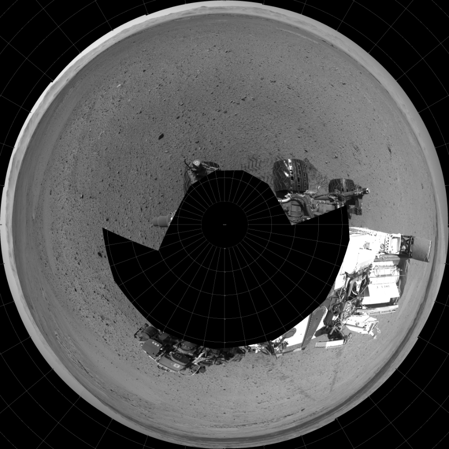 NASA's Mars rover Curiosity took 17 images in Gale Crater using its mast-mounted Left Navigation Camera (Navcam) to create this mosaic. The seam-corrected mosaic provides a polar stereographic projection panorama of the Martian surface with 0 degrees azimuth (measured clockwise from north) at the top of the image. Curiosity took the images on May 27, 2014, Sol 641 of the Mars Science Laboratory mission at drive 308, site number 33. The local mean solar time for the image exposures was from 1 PM to 2 PM. Each Navcam image has a 45-degree field of view. CREDIT: NASA/JPL-Caltech