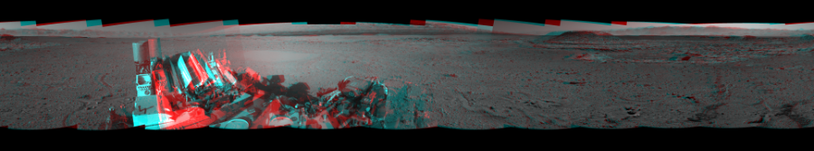 NASA's Mars rover Curiosity took 12 image pairs in Gale Crater using its mast-mounted Navigation Camera (Navcam) to create this mosaic. The seam-corrected mosaic provides a 360-degree cylindrical perspective projection panorama of the Martian surface suitable for stereo viewing, centered at 301 degrees azimuth (measured clockwise from north). This anaglyph must be viewed with red/blue glasses (red over left eye). Curiosity took the images on April 10, 2014, Sol 595 of the Mars Science Laboratory mission at drive 538, site number 31. The local mean solar time for the image exposures was from 2 PM to 4 PM. Each Navcam image has a 45-degree field of view. CREDIT: NASA/JPL-Caltech