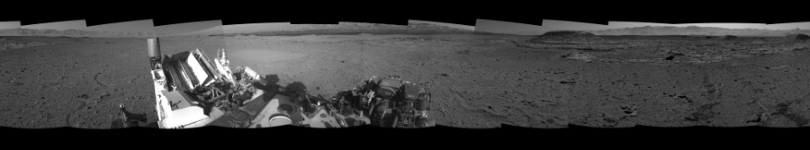 NASA's Mars rover Curiosity took 12 images in Gale Crater using its mast-mounted Left Navigation Camera (Navcam) to create this mosaic. The seam-corrected mosaic provides a 360-degree cylindrical-perspective projection panorama of the Martian surface suitable for stereo viewing, centered at 301 degrees azimuth (measured clockwise from north). This single-eye view must be combined with the partner right image to be viewed in stereo.  Curiosity took the images on April 10, 2014, Sol 595 of the Mars Science Laboratory mission at drive 538, site number 31. The local mean solar time for the image exposures was from 2 PM to 4 PM. Each Navcam image has a 45-degree field of view. CREDIT: NASA/JPL-Caltech