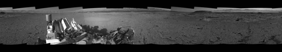NASA's Mars rover Curiosity took 12 images in Gale Crater using its mast-mounted Right Navigation Camera (Navcam) to create this mosaic. The seam-corrected mosaic provides a 0-degree cylindrical-perspective projection panorama of the Martian surface suitable for stereo viewing, centered at 114 degrees azimuth (measured clockwise from north). This single-eye view must be combined with the partner left image to be viewed in stereo. Curiosity took the images on April 10, 2014, Sol 595 of the Mars Science Laboratory mission at drive 538, site number 31. The local mean solar time for the image exposures was from 2 PM to 4 PM. Each Navcam image has a 45-degree field of view. CREDIT: NASA/JPL-Caltech