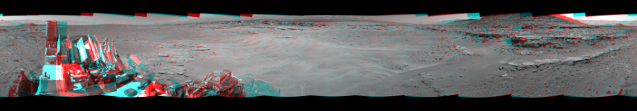 NASA's Mars rover Curiosity took 12 image pairs in Gale Crater using its mast-mounted Navigation Camera (Navcam) to create this mosaic. The seam-corrected mosaic provides a 360-degree cylindrical perspective projection panorama of the Martian surface suitable for stereo viewing, centered at 334 degrees azimuth (measured clockwise from north). This anaglyph must be viewed with red/blue glasses (red over left eye).  Curiosity took the images on April 18, 2014, Sol 603 of the Mars Science Laboratory mission at drive 1094, site number 31. The local mean solar time for the image exposures was from 1 PM to 2 PM. Each Navcam image has a 45-degree field of view. CREDIT: NASA/JPL-Caltech