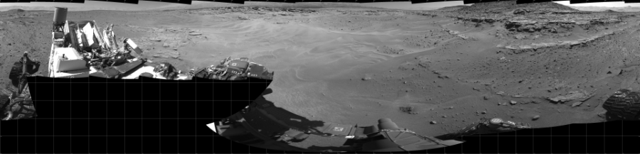 NASA's Mars rover Curiosity took 19 images in Gale Crater using its mast-mounted Left Navigation Camera (Navcam) to create this mosaic. The seam-corrected mosaic provides a 360-degree cylindrical projection panorama of the Martian surface centered at 180 degrees azimuth (measured clockwise from north). Curiosity took the images on April 18, 2014, Sol 603 of the Mars Science Laboratory mission at drive 1094, site number 31. The local mean solar time for the image exposures was 1 PM. Each Navcam image has a 45 degree field of view. CREDIT: NASA/JPL-Caltech