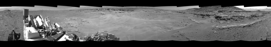 NASA's Mars rover Curiosity took 12 images in Gale Crater using its mast-mounted Left Navigation Camera (Navcam) to create this mosaic. The seam-corrected mosaic provides a 360-degree cylindrical-perspective projection panorama of the Martian surface suitable for stereo viewing, centered at 334 degrees azimuth (measured clockwise from north). This single-eye view must be combined with the partner right image to be viewed in stereo.  Curiosity took the images on April 18, 2014, Sol 603 of the Mars Science Laboratory mission at drive 1094, site number 31. The local mean solar time for the image exposures was from 1 PM to 2 PM. Each Navcam image has a 45-degree field of view. CREDIT: NASA/JPL-Caltech