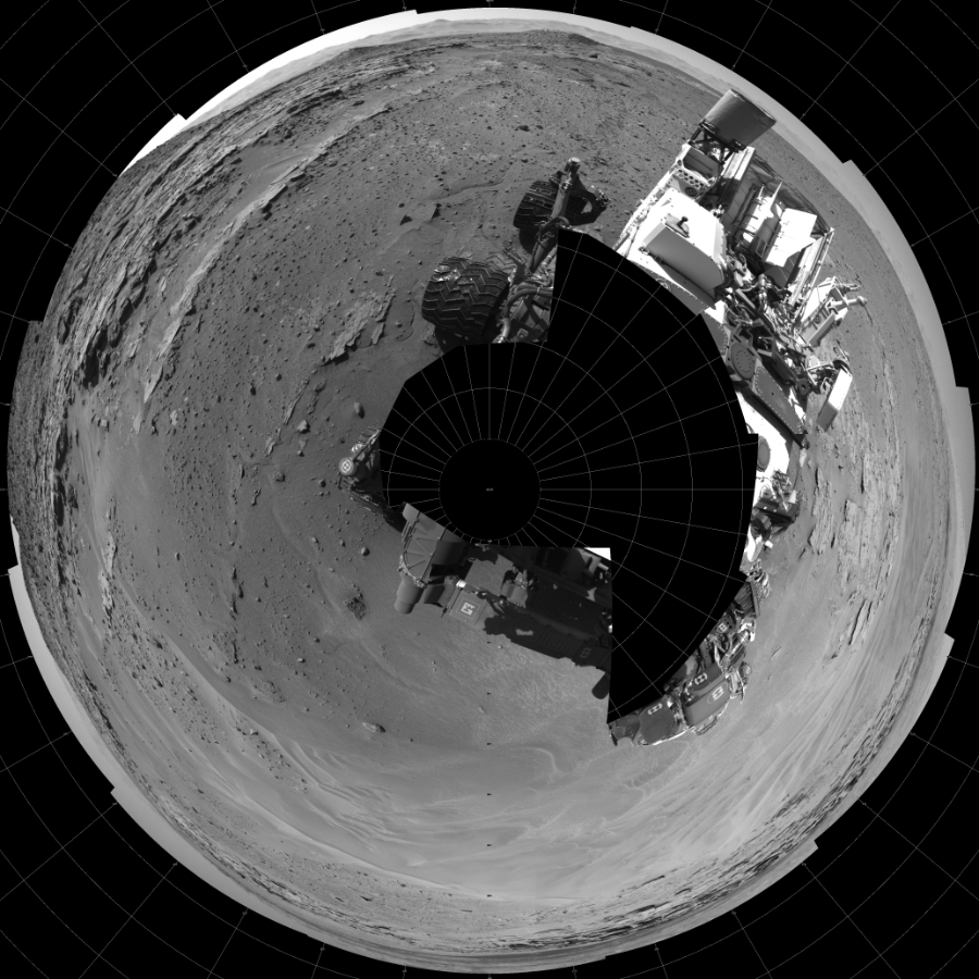 NASA's Mars rover Curiosity took 19 images in Gale Crater using its mast-mounted Left Navigation Camera (Navcam) to create this mosaic. The seam-corrected mosaic provides a polar stereographic projection panorama of the Martian surface with 0 degrees azimuth (measured clockwise from north) at the top of the image. Curiosity took the images on April 18, 2014, Sol 603 of the Mars Science Laboratory mission at drive 1094, site number 31. The local mean solar time for the image exposures was 1 PM. Each Navcam image has a 45-degree field of view. CREDIT: NASA/JPL-Caltech