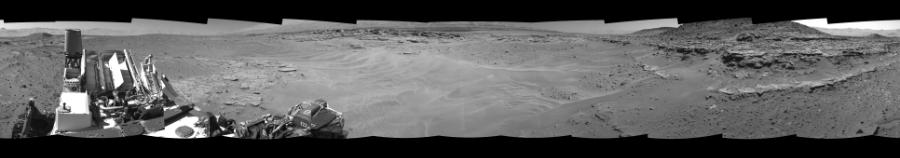 NASA's Mars rover Curiosity took 12 images in Gale Crater using its mast-mounted Right Navigation Camera (Navcam) to create this mosaic. The seam-corrected mosaic provides a 0-degree cylindrical-perspective projection panorama of the Martian surface suitable for stereo viewing, centered at 147 degrees azimuth (measured clockwise from north). This single-eye view must be combined with the partner left image to be viewed in stereo.  Curiosity took the images on April 18, 2014, Sol 603 of the Mars Science Laboratory mission at drive 1094, site number 31. The local mean solar time for the image exposures was from 1 PM to 2 PM. Each Navcam image has a 45-degree field of view. CREDIT: NASA/JPL-Caltech
