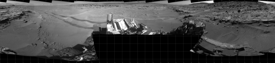 NASA's Mars rover Curiosity took 19 images in Gale Crater using its mast-mounted Left Navigation Camera (Navcam) to create this mosaic. The seam-corrected mosaic provides a 360-degree cylindrical projection panorama of the Martian surface centered at 180 degrees azimuth (measured clockwise from north). Curiosity took the images on April 21, 2014, Sol 606 of the Mars Science Laboratory mission at drive 1256, site number 31. The local mean solar time for the image exposures was from 2 PM to 3 PM. Each Navcam image has a 45 degree field of view. CREDIT: NASA/JPL-Caltech